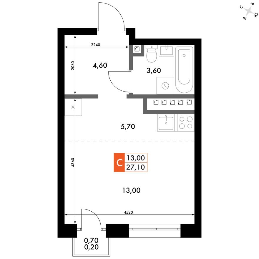1е квартира, 27.1 м²