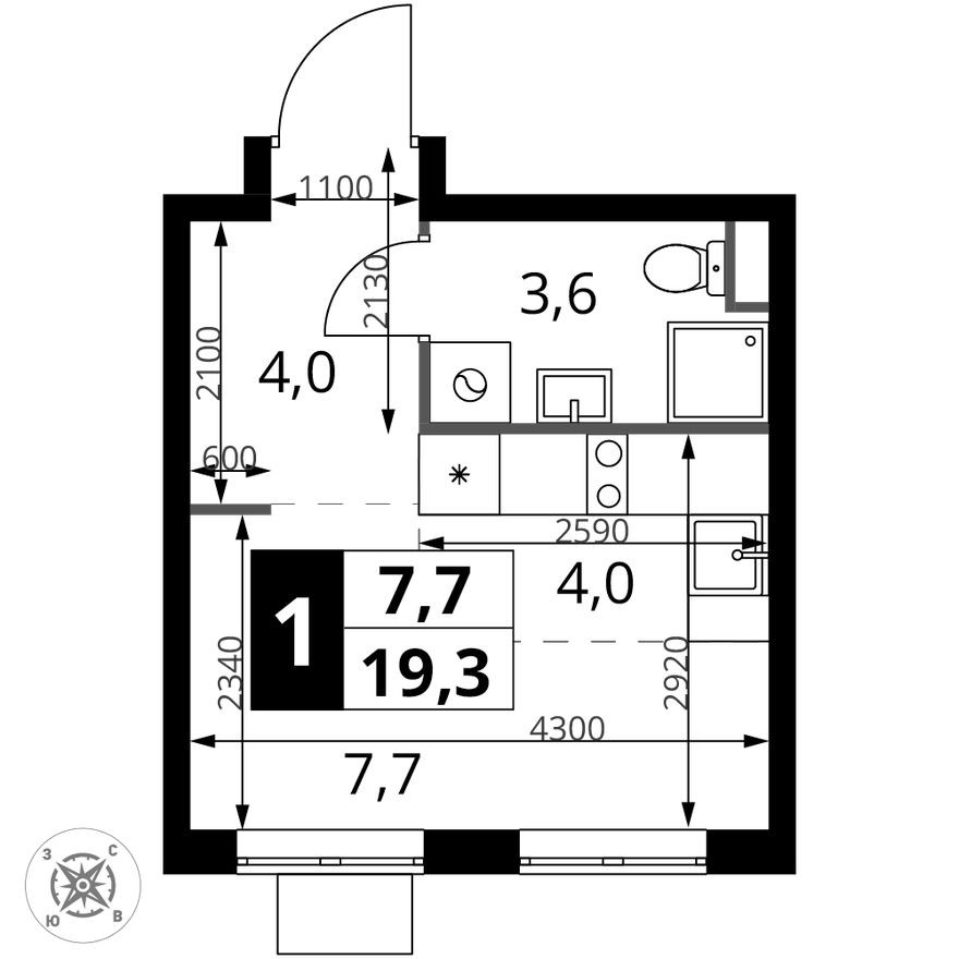 Студия-квартира, 19.3 м²