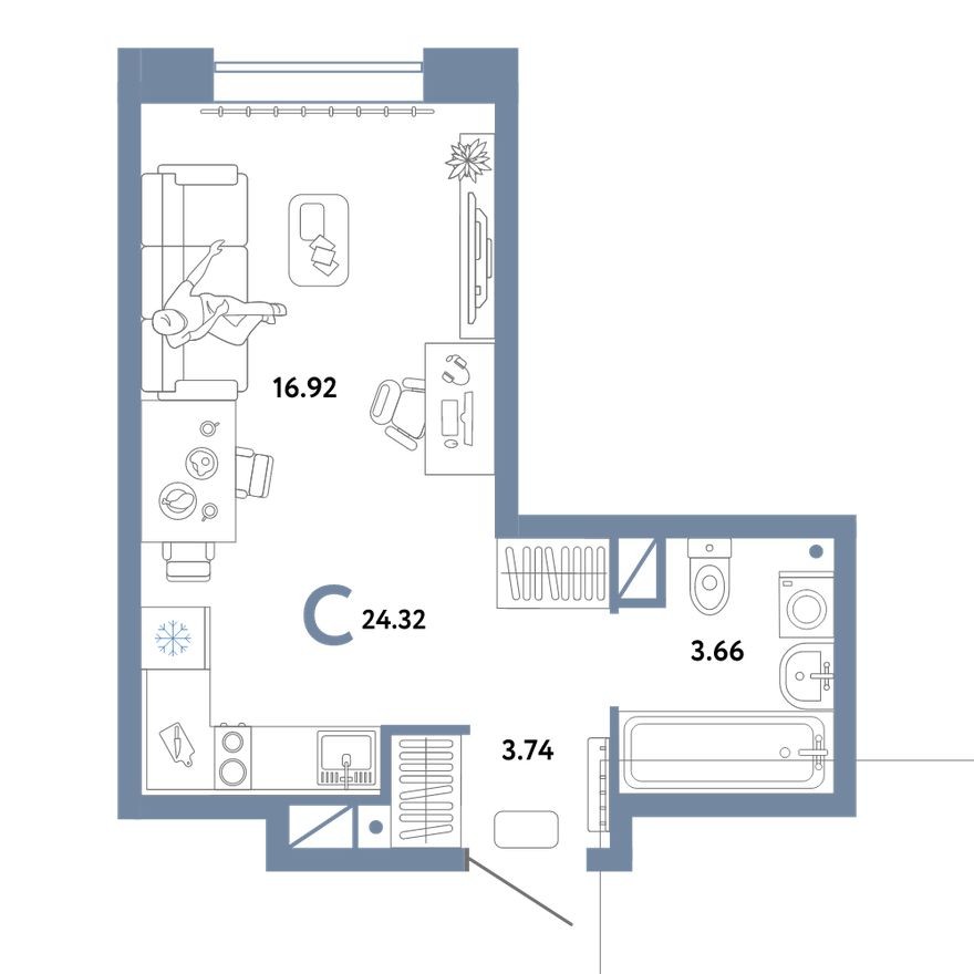 Студия-квартира, 24.3 м²