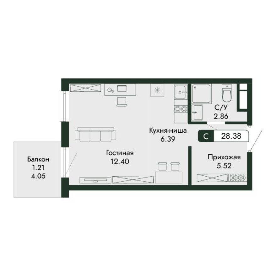 Студия-квартира, 28.4 м²