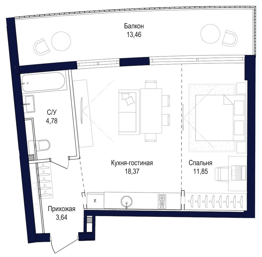 Студия-квартира, 52.1 м²
