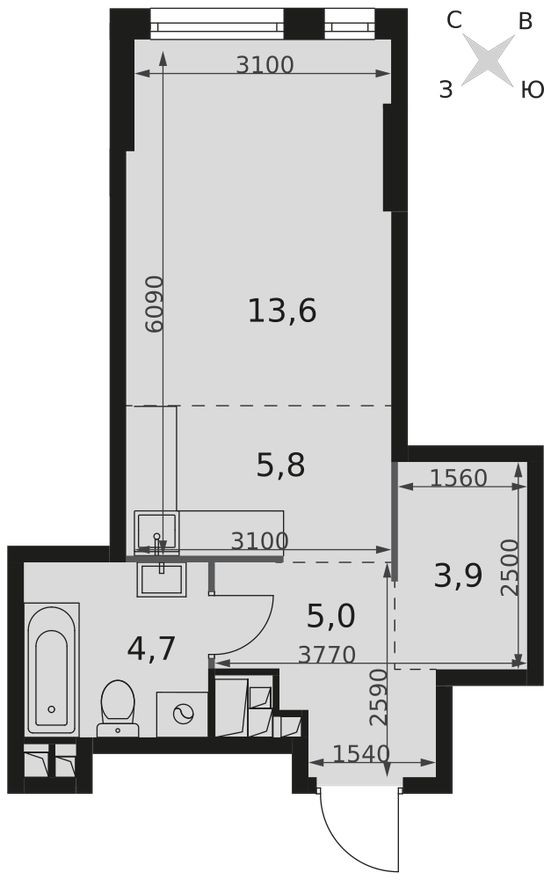 Студия-квартира, 33.0 м²