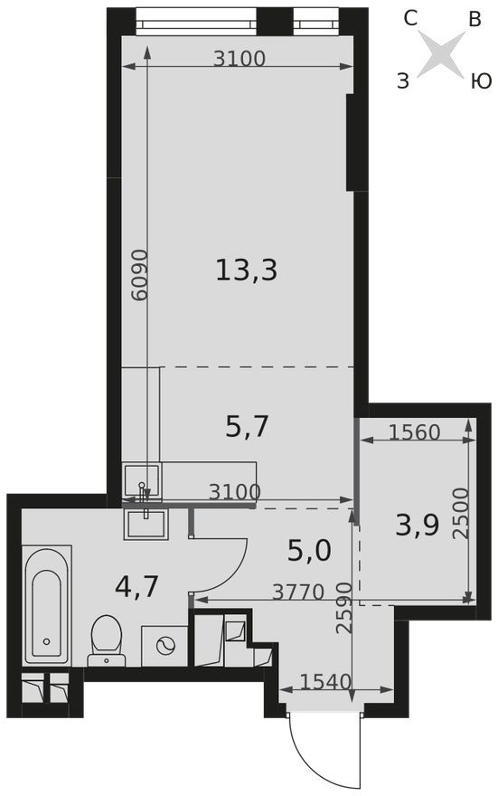 Студия-квартира, 32.6 м²