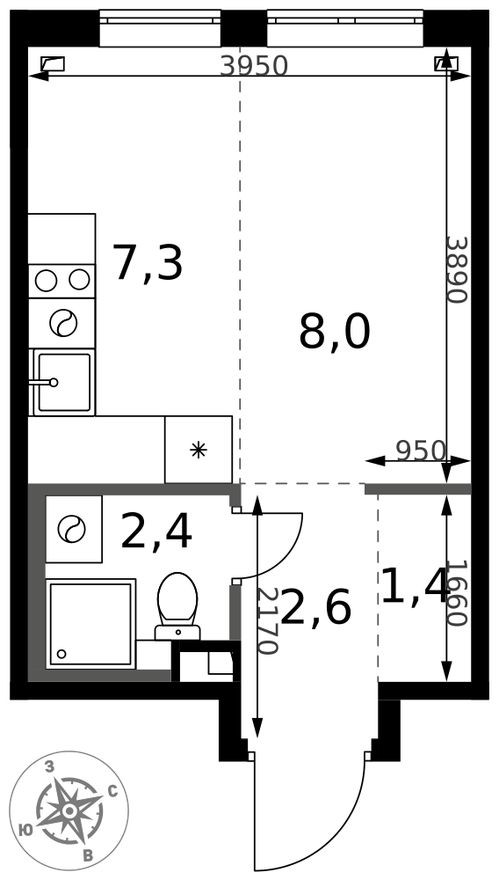 Студия-квартира, 21.7 м²