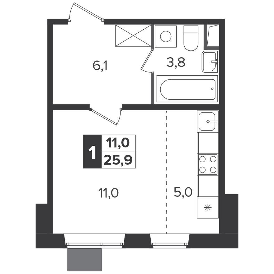 Студия-квартира, 25.5 м²