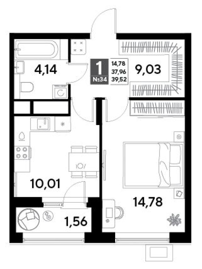 1к. квартира, 39.5 м²