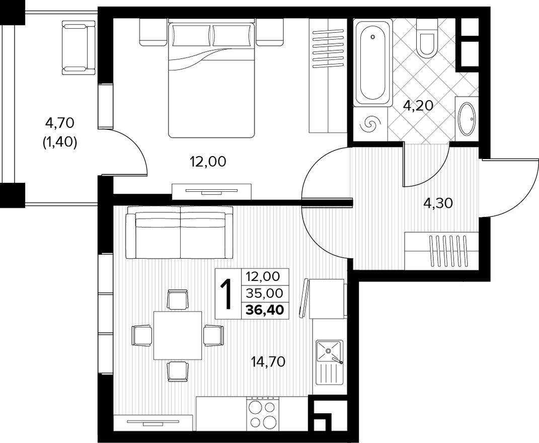 1к. квартира, 36.4 м²