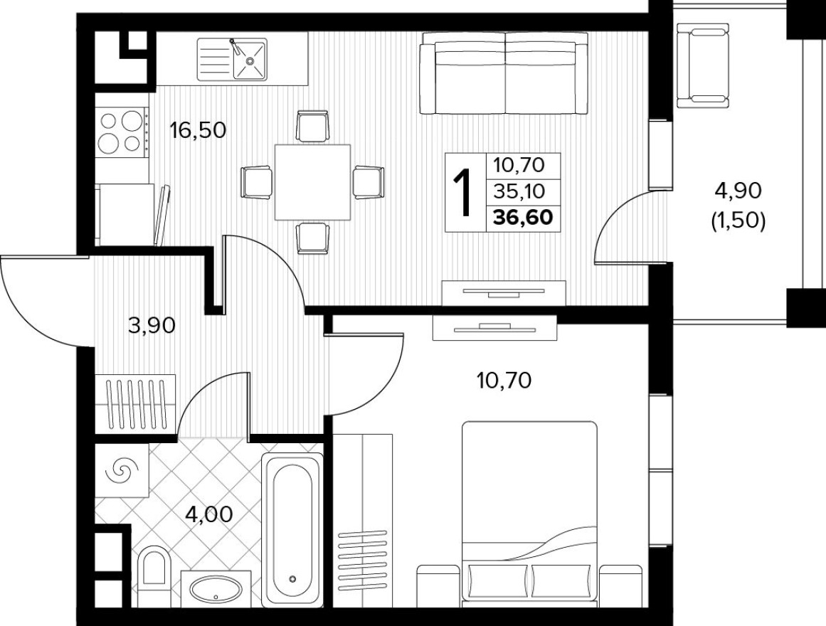 1к. квартира, 36.6 м²