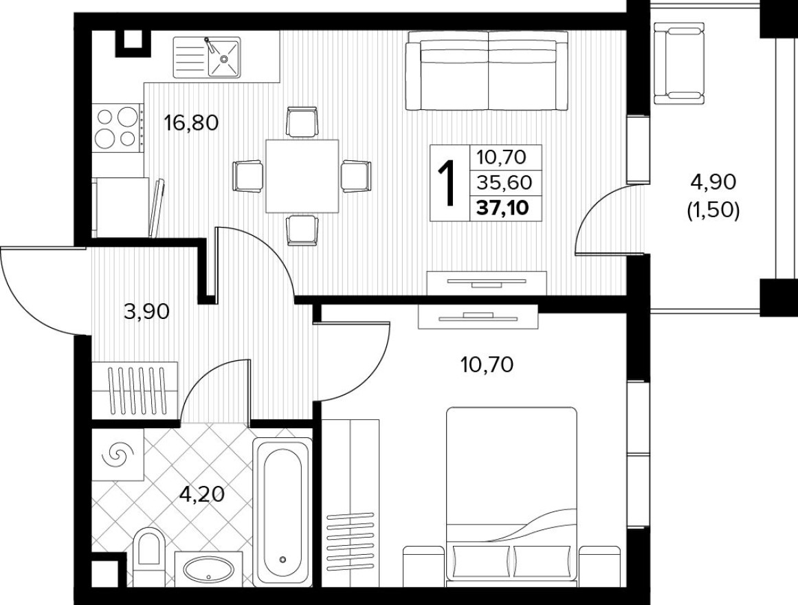 1к. квартира, 37.1 м²