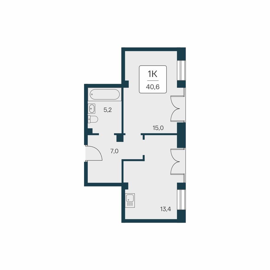 1к. квартира, 40.6 м²