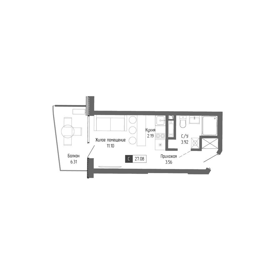 1к. квартира, 27.1 м²