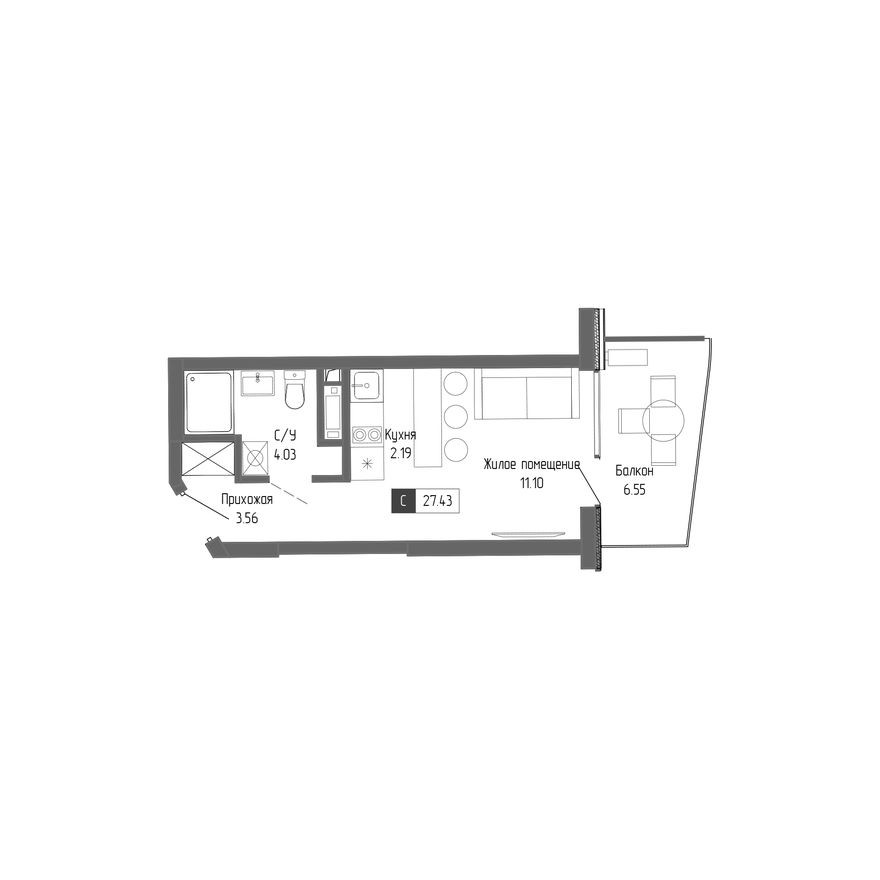 1к. квартира, 27.4 м²