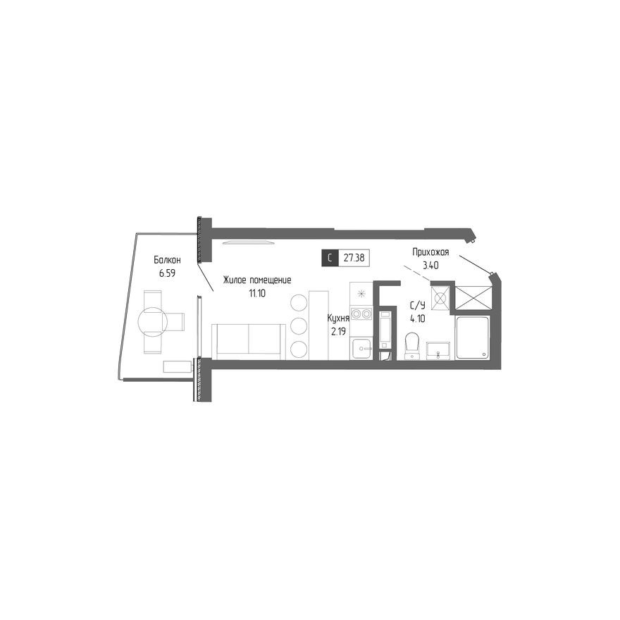 1к. квартира, 27.4 м²