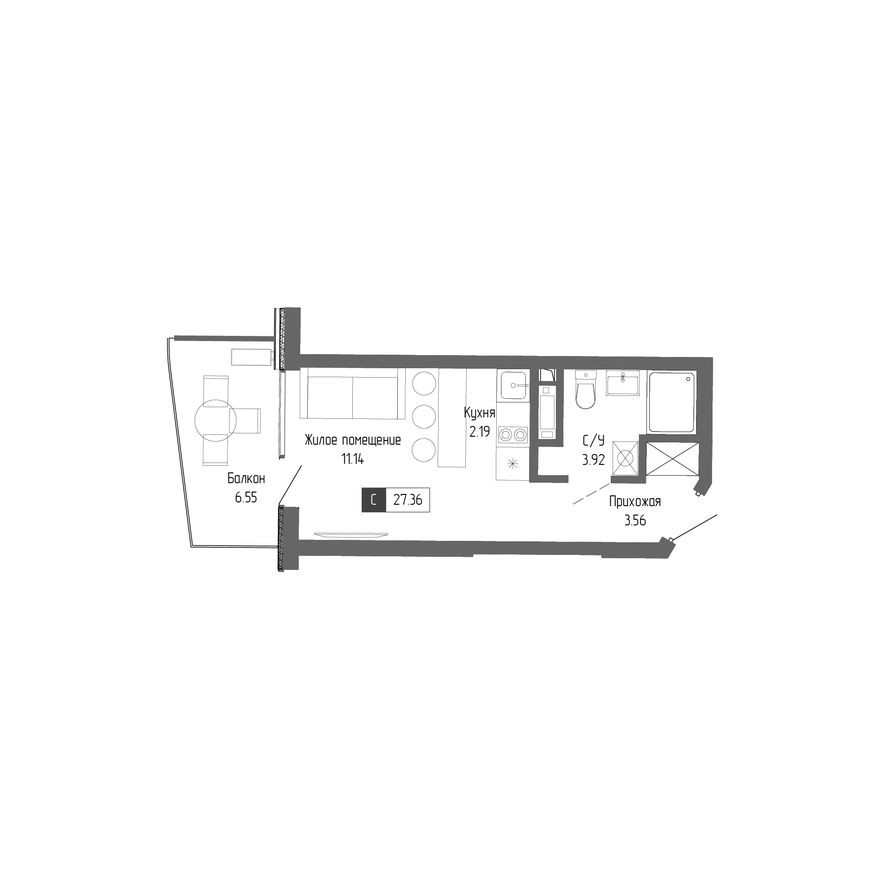 1к. квартира, 27.4 м²