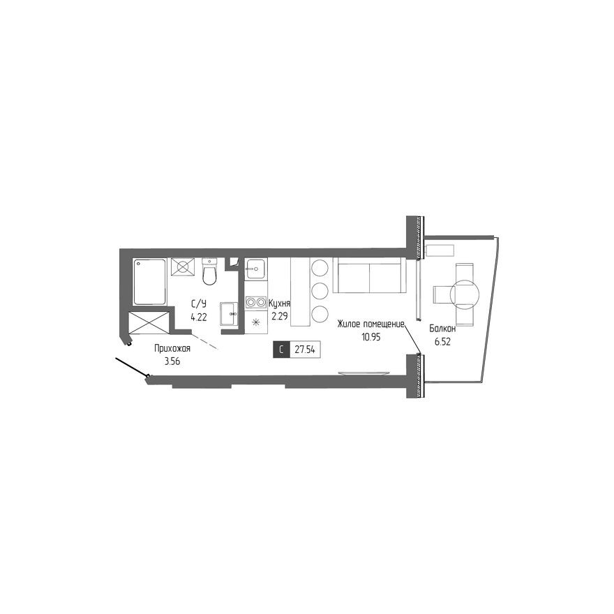1к. квартира, 27.5 м²