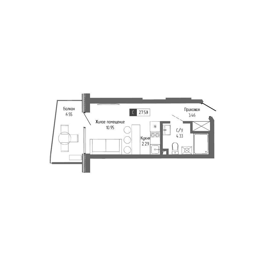 1к. квартира, 27.6 м²