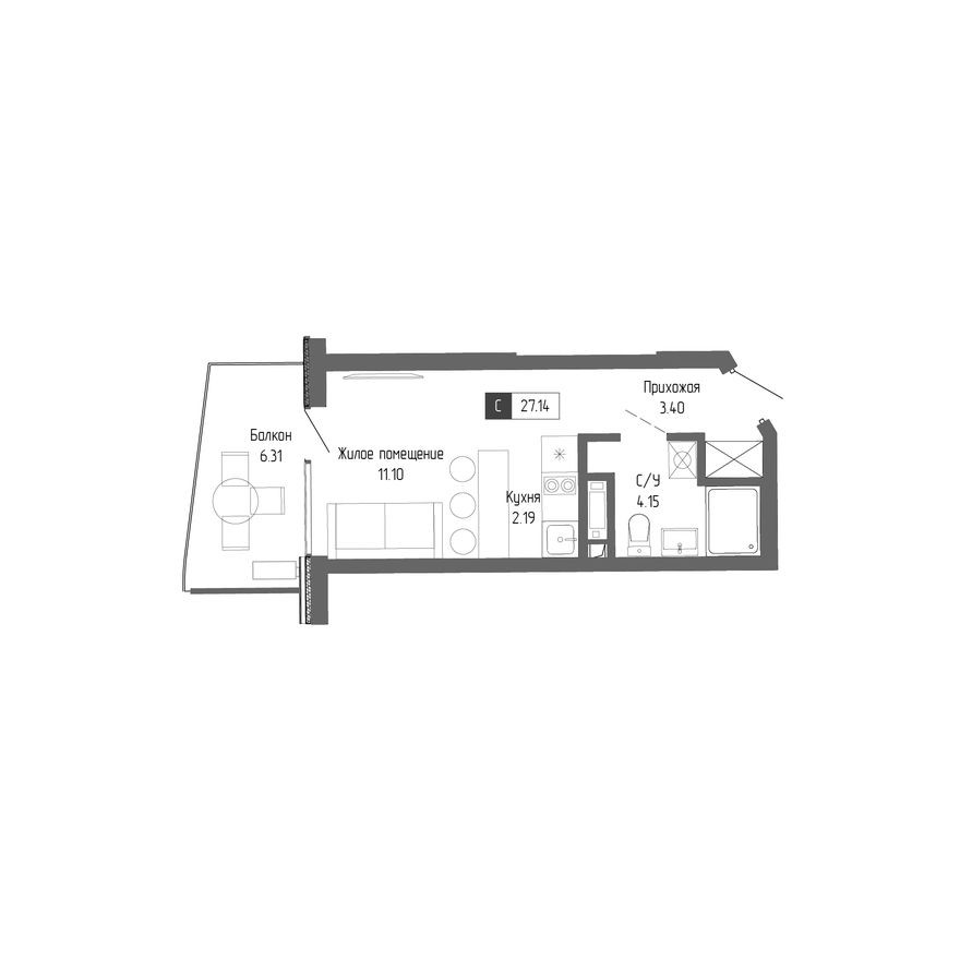1к. квартира, 27.1 м²