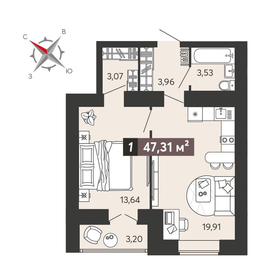 1к. квартира, 47.3 м²