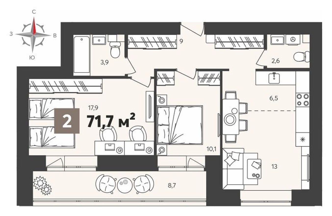 2к. квартира, 71.7 м²