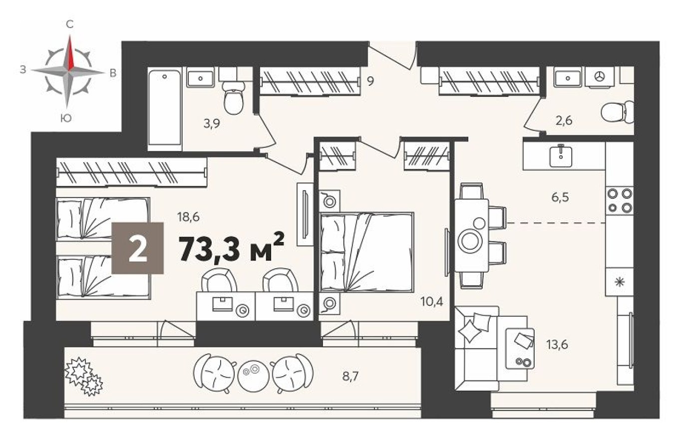 2к. квартира, 73.3 м²