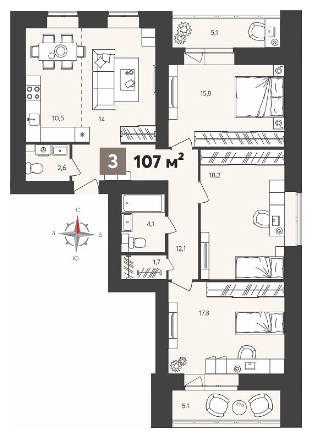 3к. квартира, 107.0 м²