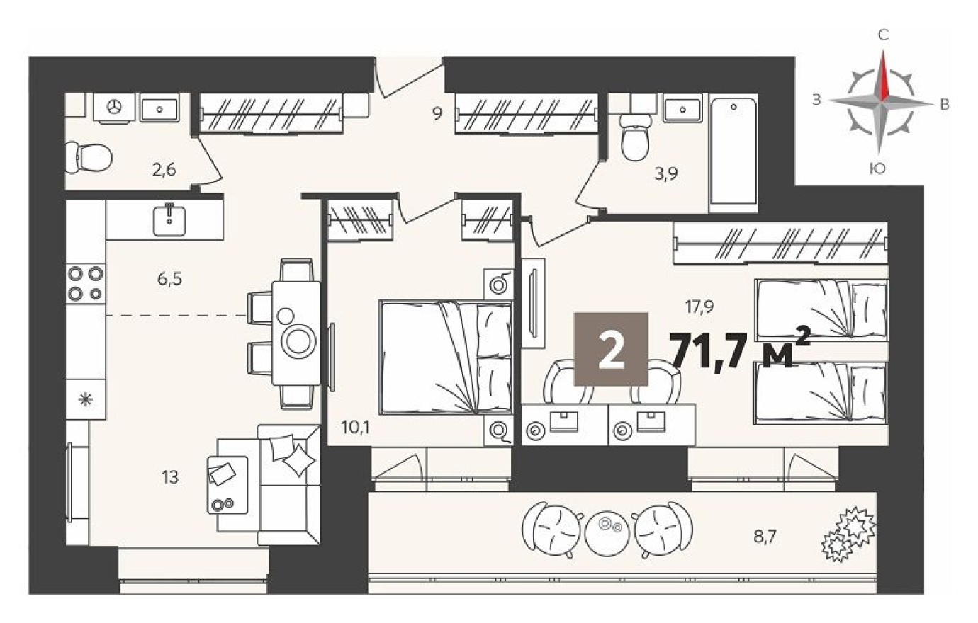 2к. квартира, 71.7 м²