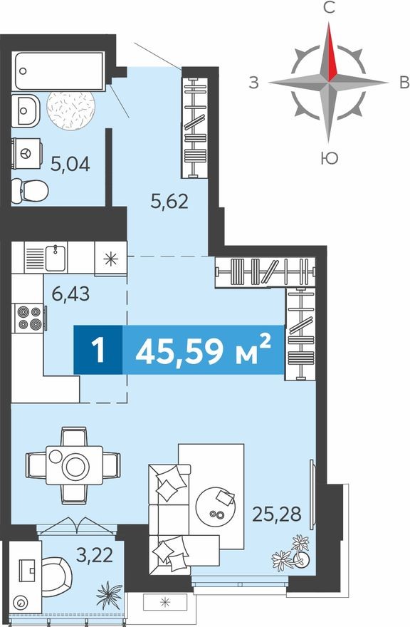 Студия-квартира, 45.6 м²