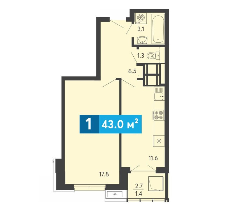 1к. квартира, 43.0 м²