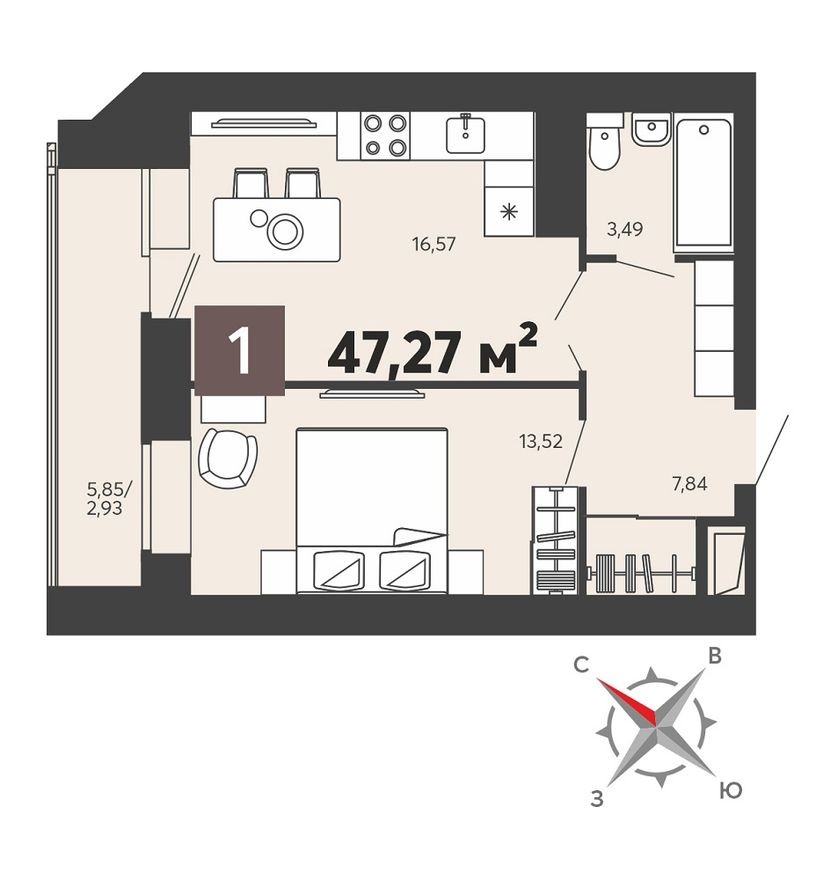 1к. квартира, 47.3 м²