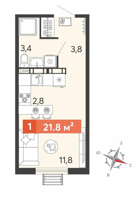 Студия-квартира, 21.8 м²