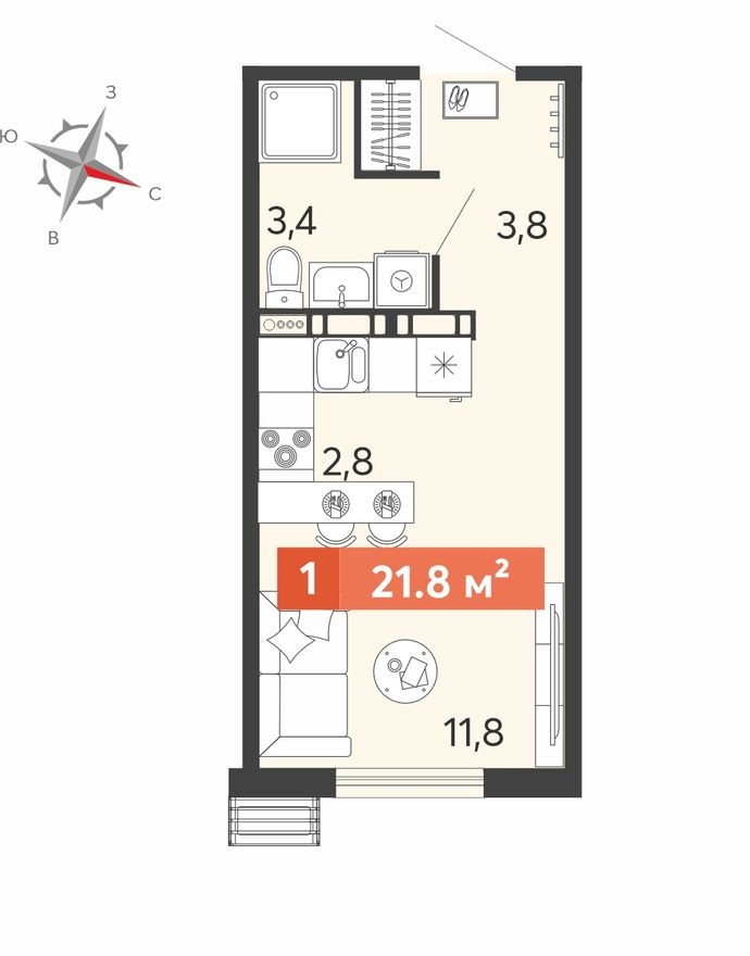 Студия-квартира, 21.8 м²