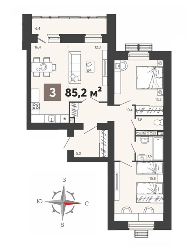 3к. квартира, 85.2 м²