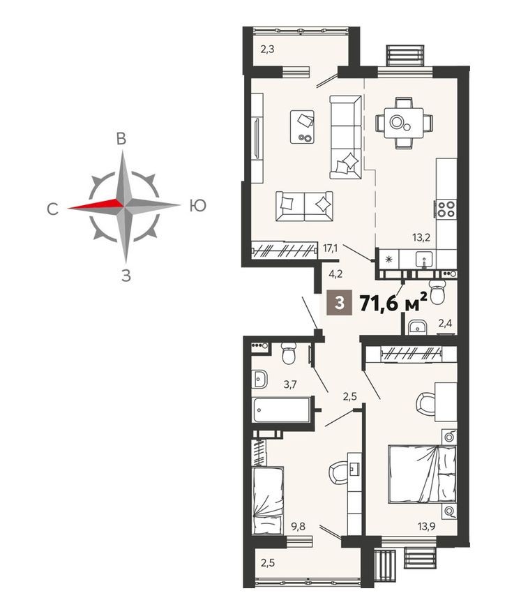 3к. квартира, 71.6 м²