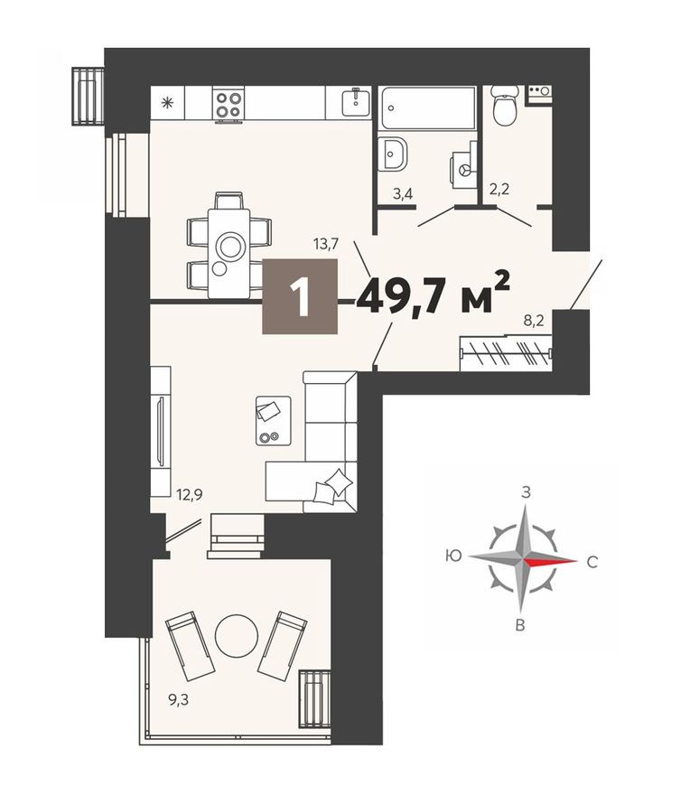 1к. квартира, 49.7 м²