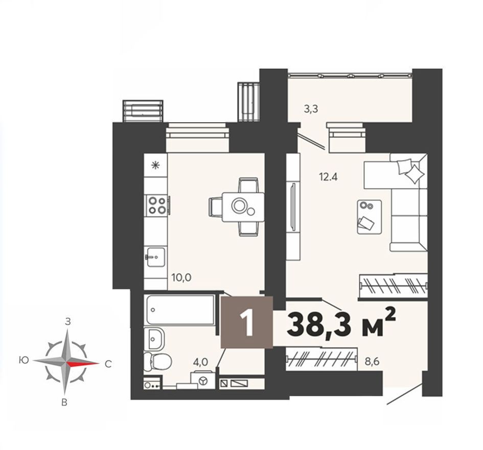 1к. квартира, 38.3 м²