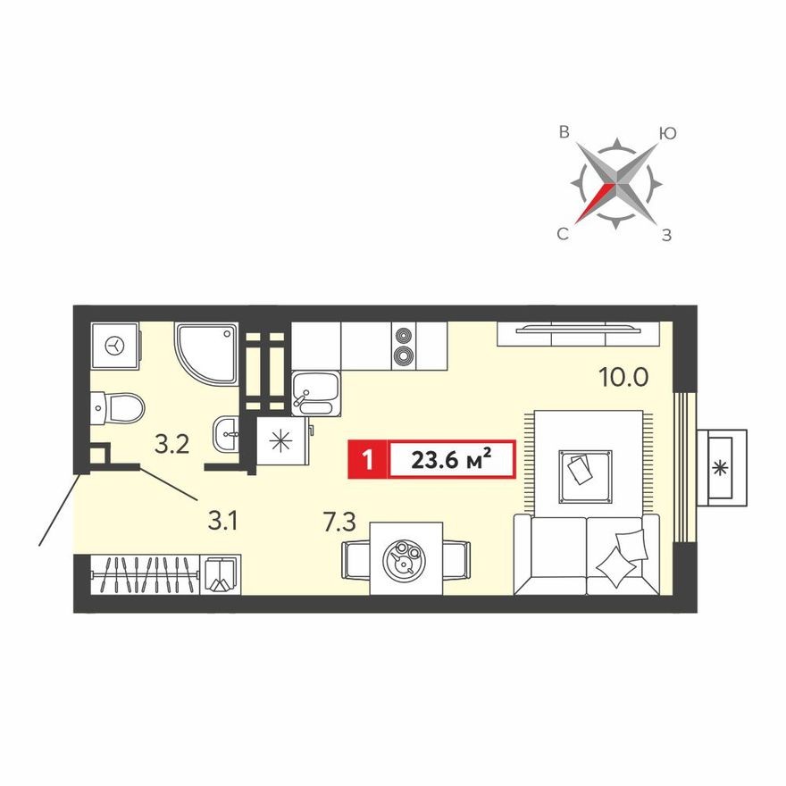 Студия-квартира, 23.6 м²