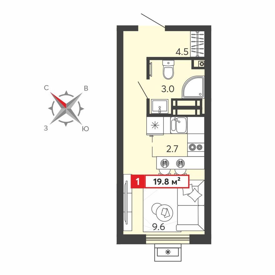 Студия-квартира, 19.8 м²