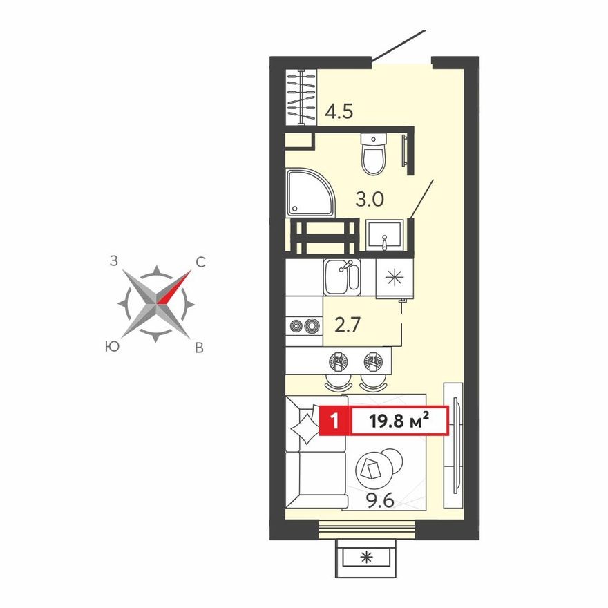 Студия-квартира, 19.8 м²