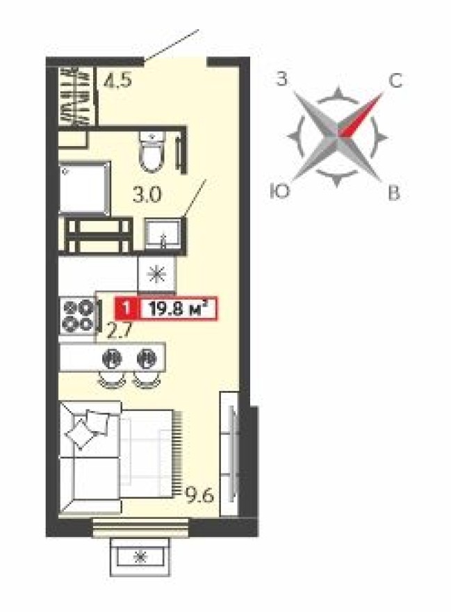 Студия-квартира, 19.8 м²