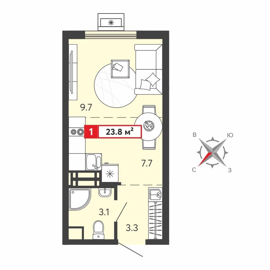 Студия-квартира, 23.8 м²