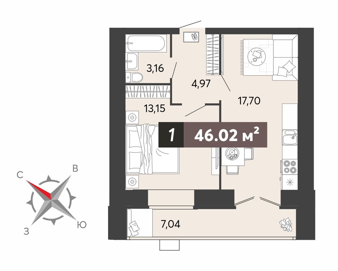 1к. квартира, 46.0 м²