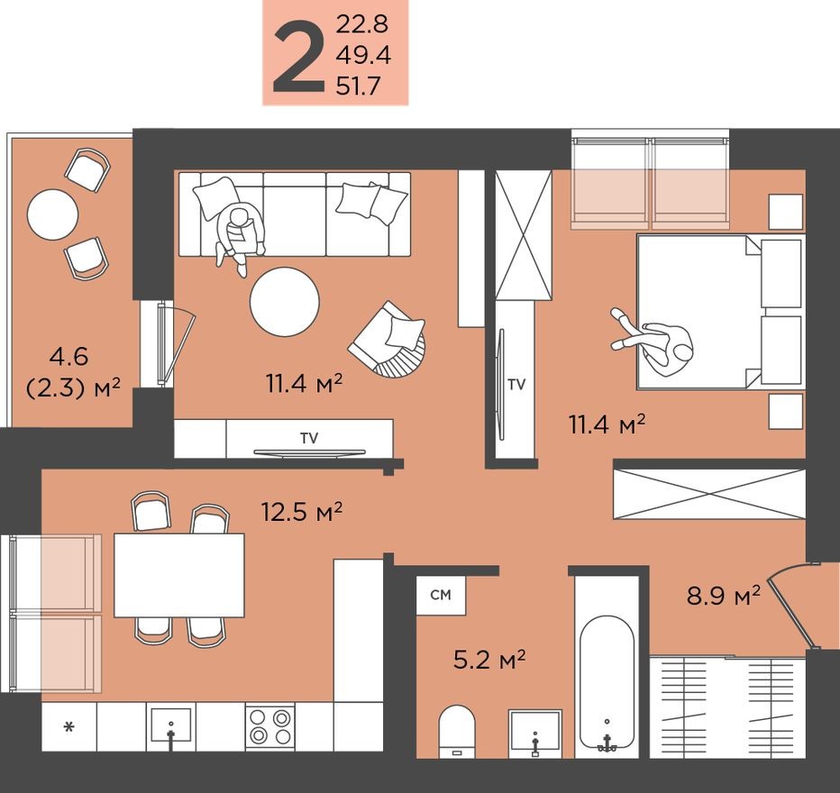 2к. квартира, 51.7 м²
