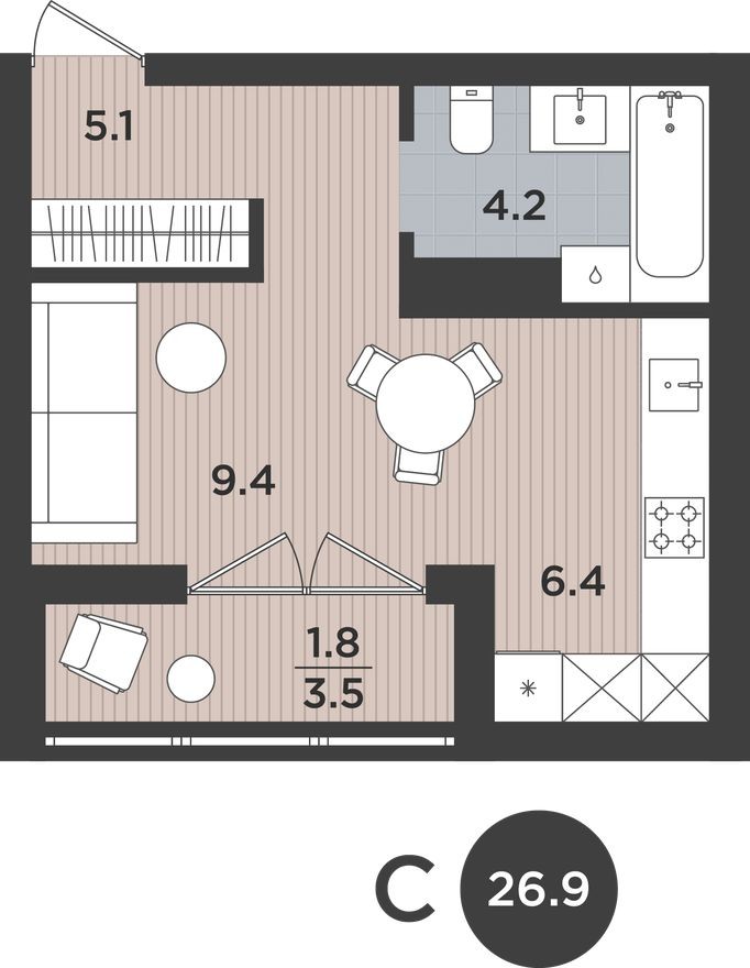 Студия-квартира, 26.9 м²