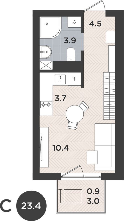Студия-квартира, 23.4 м²