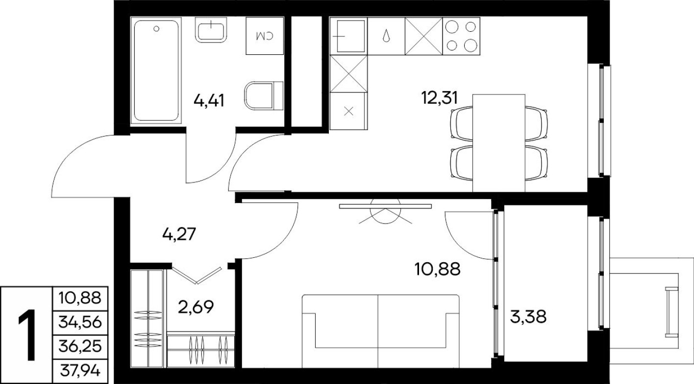 1к. квартира, 37.9 м²