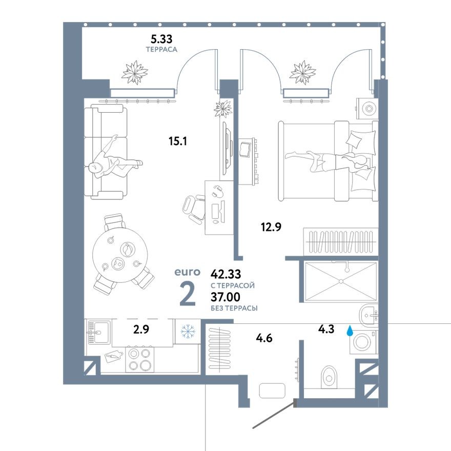 2е квартира, 42.3 м²