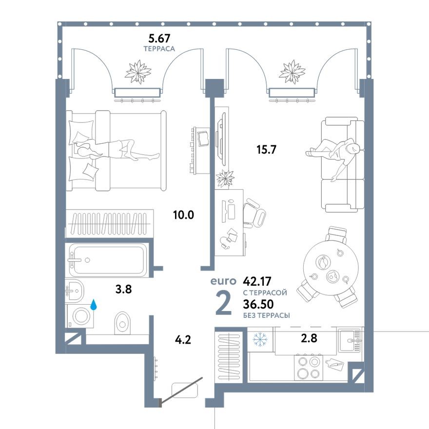 2е квартира, 42.2 м²