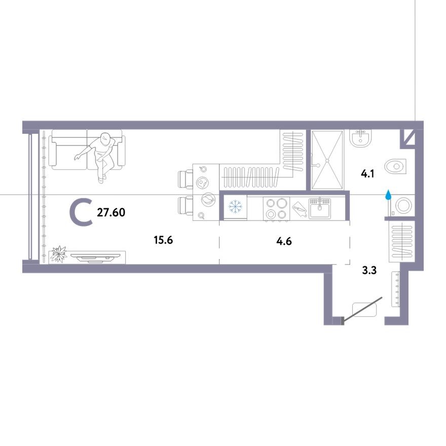 Студия-квартира, 27.6 м²