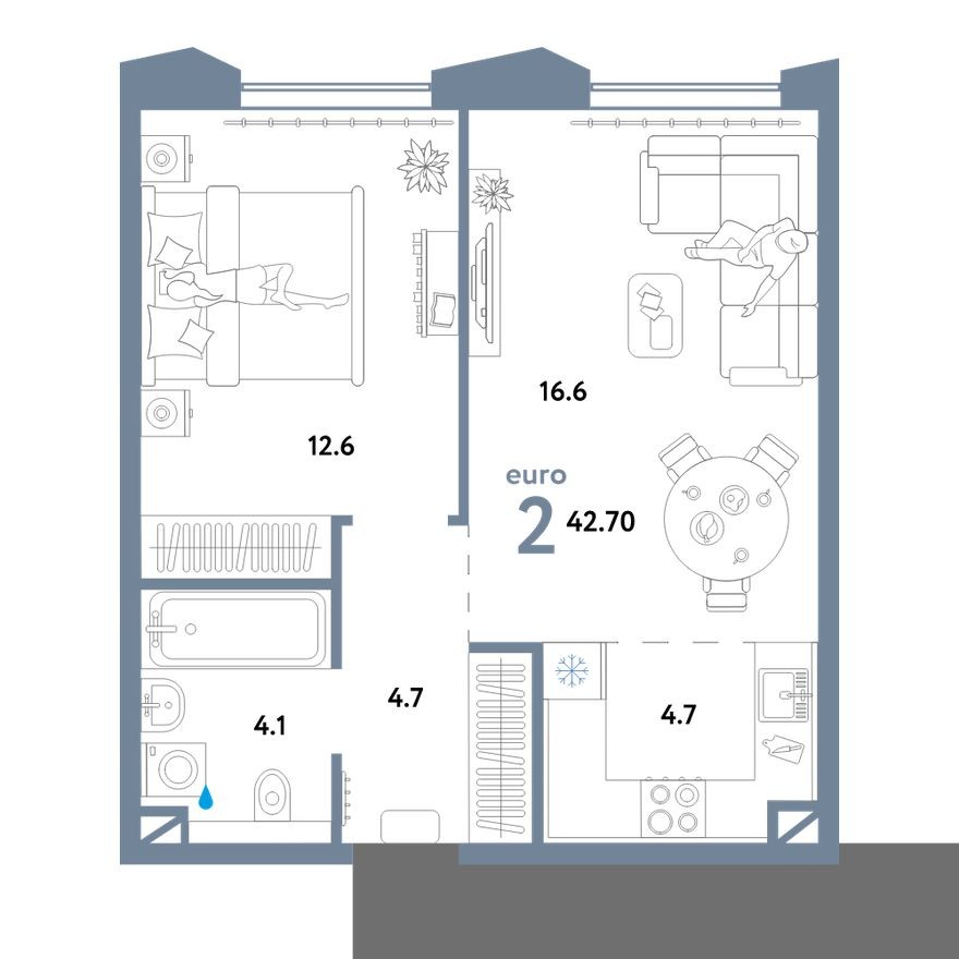 2е квартира, 42.7 м²