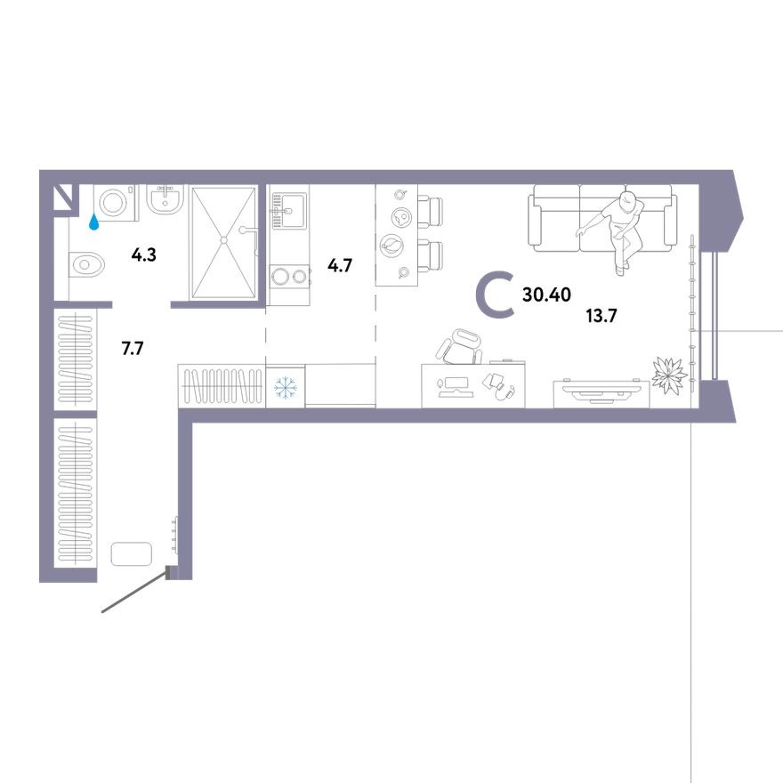 Студия-квартира, 30.4 м²